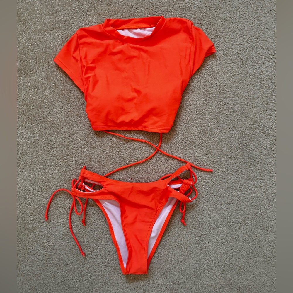 SHEIN neon orange tie swimsuit
